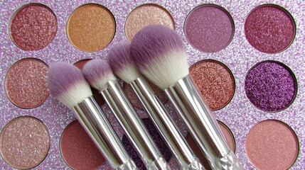 Purple eyeshadow palette with four makeup brushes