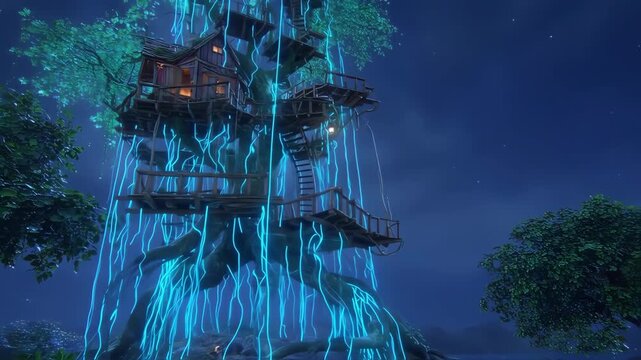 Mystical treehouse at night, glowing roots