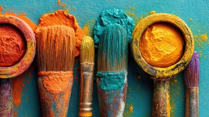 Paint-covered brushes and paint palettes arranged on a teal surface