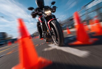 Obraz premium Motorcycle rider navigating through traffic cones on a city street during daytime, emphasizing speed and agility