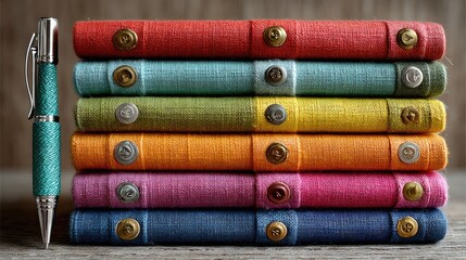 Colorful linen notebooks stacked beside a pen