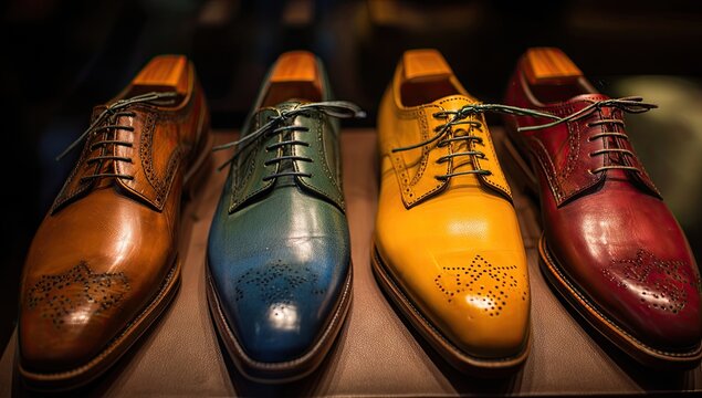 Vibrant handcrafted leather oxfords in orange, teal, yellow, and red hues, displayed on wooden shoe trees