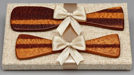 Two wooden bow tie shaped objects, gift-wrapped with beige ribbon bows