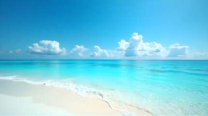 Stunning turquoise ocean meets pristine white sand beach under a bright blue sky with fluffy clouds