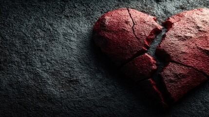 A fractured, red heart rests on a dark, textured surface