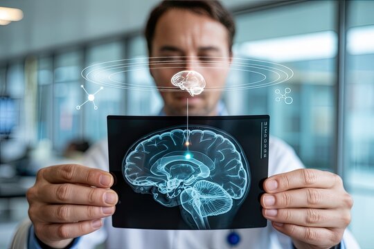 Doctor holding a holographic projection of a human brain scan with glowing neural pathways in a modern medical facility