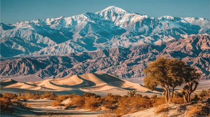 Snow-capped mountains rise behind desert dunes and shrubs