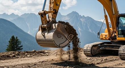 Yellow excavator bucket digging and dumping dirt on a construction site with a mountain range and green trees in the background.