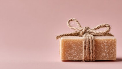 A beige, handcrafted soap bar tied with twine, rests on a pale pink background