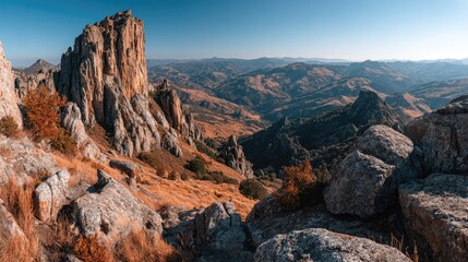 Obraz premium Panoramic view of a rocky mountain range under a clear blue sky, showing autumnal colors and a prominent rock formation