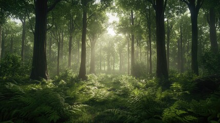 Naklejka premium Ethereal Sunbeams Illuminating a Lush, Fern-Covered Forest Floor