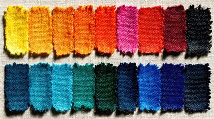 Vibrant fabric swatches arranged in two rows showcasing a spectrum of colors