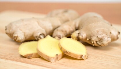 Fresh ginger roots with rough skin and sliced pieces showing golden interior, kitchen 
