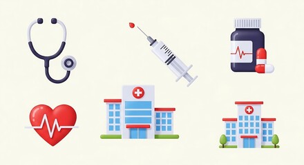 Medical icons set, healthcare illustration, stethoscope, syringe, pills, hospital building