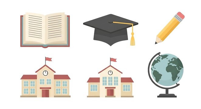 Education concept with school buildings, books, graduation hat, globe and pencil