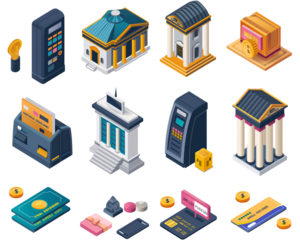 Isometric finance icons. Banking, payment, and money transaction symbols for digital design. Isolated on transparent background, png.
