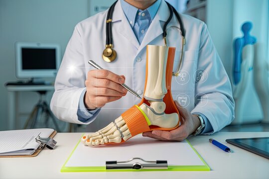 Orthopedic doctor demonstrating ankle and foot anatomy using a skeletal model during a medical consultation in an office setting