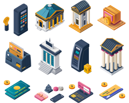 Isometric finance icons. Banking, payment, and money transaction symbols for digital design. Isolated on transparent background, png. - Powered by Adobe