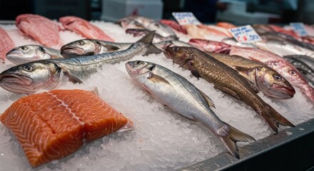 Vibrant Fish Market Display: Fresh Salmon, Sea Bass, and Assorted Seafood on Ice
