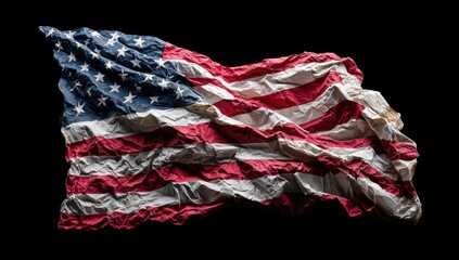 A weathered, crumpled American flag billows against a stark black background