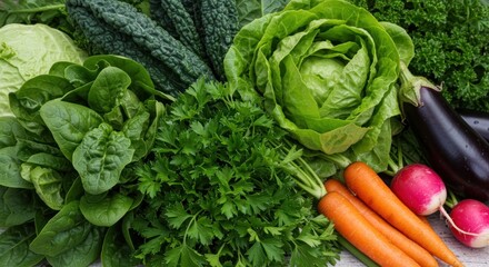 Vibrant Tapestry of Fresh Garden Vegetables: Kale, Lettuce, Spinach, and Colorful Roots.
