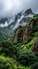 Obraz premium Lush green valley shrouded in mist, rugged cliffs rising