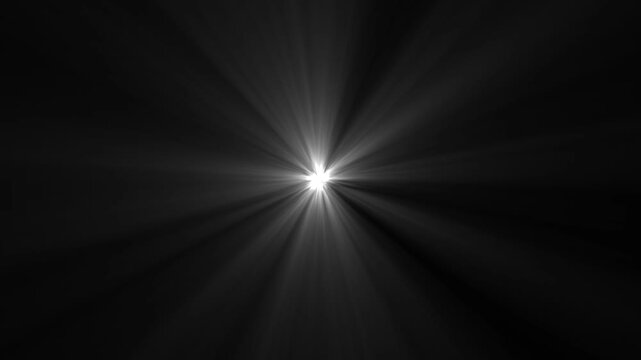 Abstract loop center flickering glow white star optical shine on black background. High-quality stock footage of sun rays light effects, overlays or flare glow array.Lens flare Blurred defocused .4k