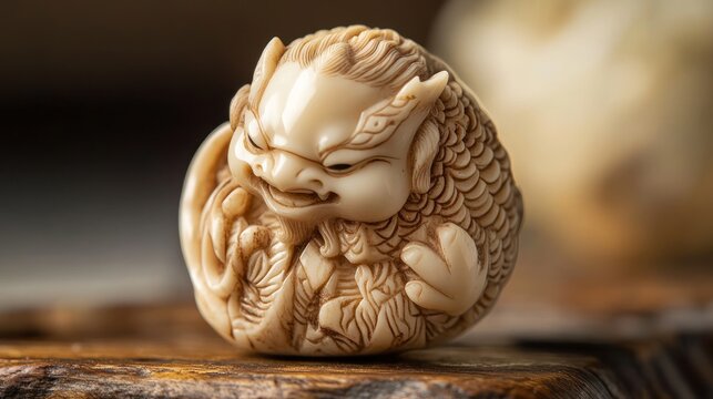 Japanese Netsuke, miniature ivory carving of a mythical creature, so detailed it seems alive, patina of age with a surreal inner glow, collector's cabinet lighting.