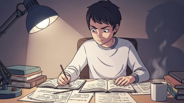 Animated Student Struggles with Late-Night Studying Under Desk Lamp, Surrounded by Books and Papers