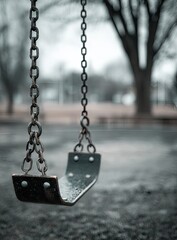 Empty metal swing hanging from chains in a park