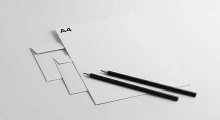 Professional corporate stationery branding mockup with blank A4 letterhead and pencils