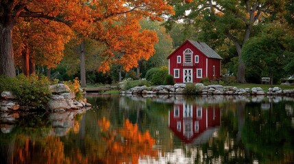 Red house by calm lake, autumn leaves reflected in water