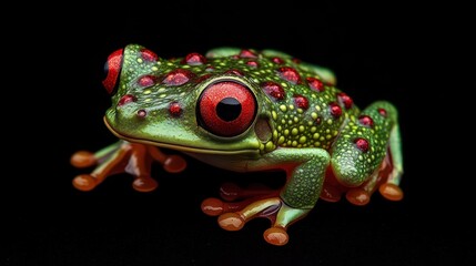 Red-Eyed Tree Frog, its eyes like miniature, swirling red galaxies, body vibrant green, surreal cosmic amphibian texture, soft, otherworldly glow, isolated.