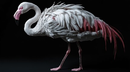 Flamingo standing, its pink feathers subtly textured like rose petals, surreal botanical texture, soft natural light, elegant pose, isolated