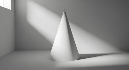 A minimalist 3D render of a white cone illuminated by dramatic light and shadow in a studio setting.