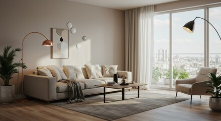 Fototapeta premium A cozy, modern living room featuring neutral tones, with a beige sofa adorned with pillows and a soft throw blanket.