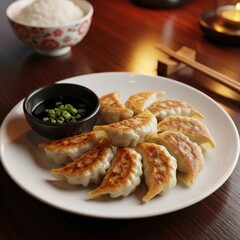 Delicious Japanese Gyoza Dumplings Served with Soy Sauce and Rice on Wooden Tabletop in Restaurant Setting Culinary Photography