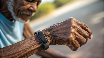 Senior hand adjusting modern fitness tracker. Detailed macro of aged skin with smartwatch strap, blending technology and vitality.
