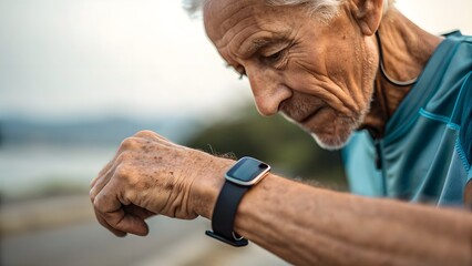 Senior hand adjusting modern fitness tracker. Detailed macro of aged skin with smartwatch strap, blending technology and vitality.