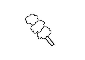 A simple monochrome line art illustration of a sate food skewer. Minimalist vector icon of Japanese dango or grilled meatball stick.