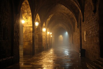Fototapeta premium Foggy Archway in Historical Stone Corridor with Dim Lighting and Atmospheric Ambiance at Night Time