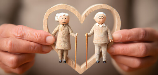Hands holding elderly couple with walking sticks in heart shape, elderly caregiver, senior mental health, age care, retirement plan concept