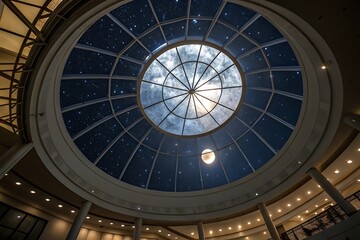 Stunning Worm's-Eye View of a Large Circular Skylight with Night Sky and Moon