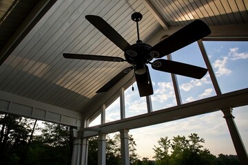 Low-Angle View of a Six-Blade Ceiling Fan in a Covered Porch with a View of...
