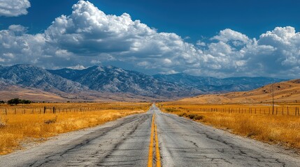A long, straight road cuts through a dry, golden landscape, leading towards distant mountains under a partly cloudy sky