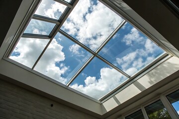 Stunning Worm's Eye View of a Skylight with White Clouds and Blue Sky