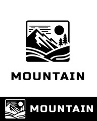 Minimalist mountain logo design in black style featuring peaks, trees, sun, and flowing landscape lines