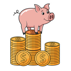 Happy cartoon pig standing on stacks of gold coins