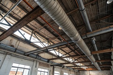 Worm's Eye View of a Complex Industrial Building's Ceiling Structure with Pipes and Beams