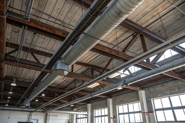 Industrial Building's Complex Network of Pipes and Beams, Worm's Eye View